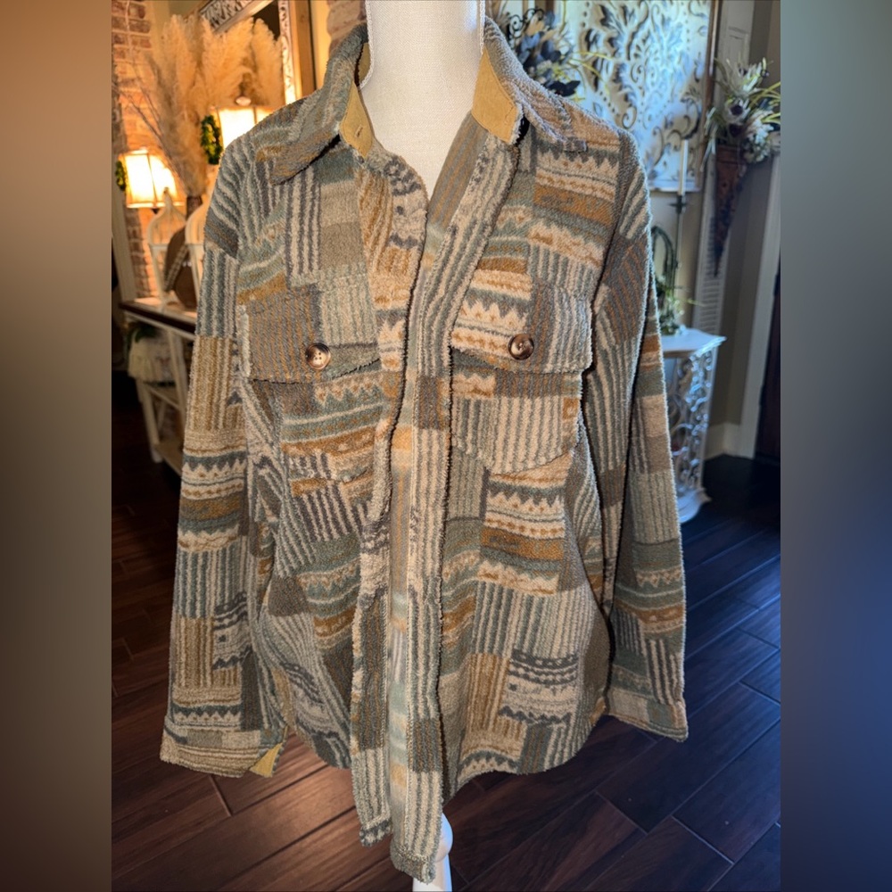 PRISSY JANE Womens Plaid MULTICOLORED Shacket Cozy Fleece Size XL